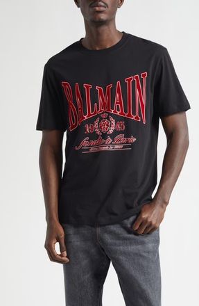 Balmain College Emblem Cotton Graphic T-Shirt in Black/Red at Nordstrom, Size Xx-Large