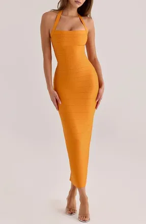 House of CB The Silhouette Halter Neck Bandage Maxi Dress in Tangerine at Nordstrom, Size X-Small