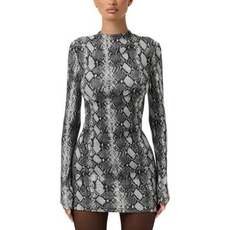 Naked Wardrobe Print Long Sleeve Body-Con Minidress in Grey Snakeskin at Nordstrom, Size X-Small
