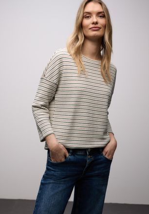 Street One 3/4-Arm-Shirt STREET ONE, Damen, Gr. 34, sanftes wei&szlig;, Strick, Obermaterial: 65% Baumwolle, 35% Polyester, gestreift, l&auml;ssig geschnitten h&uuml;ftbedeckend