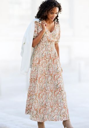 Lascana Maxikleid LASCANA, Damen, Gr. 34, N-Gr, bunt (bunt bedruckt), Web, Obermaterial: 100% Viskose, bedruckt, figurumspielend kn&ouml;chellang, V-Ausschnitt, Pu