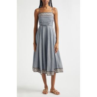 Veronica Beard Lana Ruched Medallion & Paisley Print Midi Dress in Blue Jay Multi at Nordstrom, Size 00
