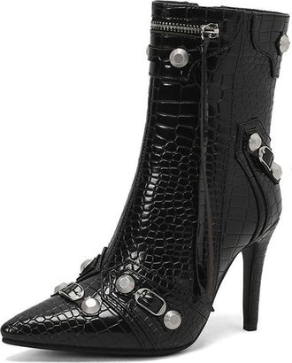 Generic Womens Pointed Toe Stiletto Heels Ankle Boots Rivets Zipper Fashion Winter Motorcycle Shoes (Black,7.5)