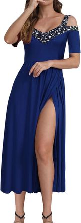 Generic Women Sequined Evening Dress Elegant Wedding Guest Dress Sexy Off Shoulder Split Long Dress Short Sleeve Cami Party Cocktail Dresses Plus Size Formal 