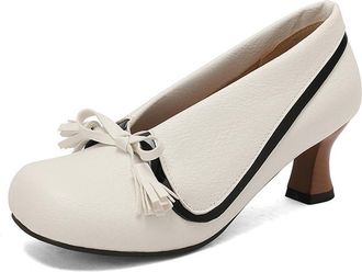 Generic Womens Vintage Low Top Round Toe Kitten Heels Pumps Slip On with Bowknot Decor Comfort Versatile Brouge Shoes (White,7.5)