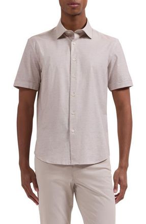 Bugatchi Miles OoohCotton Space Dye Short Sleeve Button-Up Shirt in Sand at Nordstrom, Size Xxx-Large