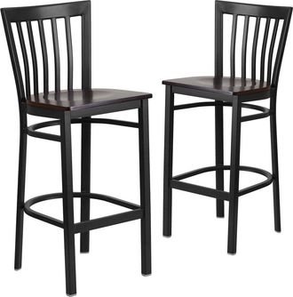 Flash Furniture 2 Pk. Black School House Back Metal Restaurant Barstool - Walnut Wood Seat