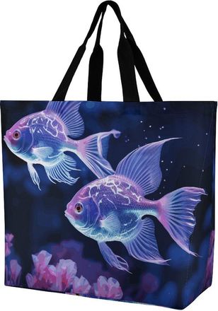 Generic Two Blue Fish Grocery Bag Waterproof Shopping Bag Eco Friendly Grocery Bags For Casual Picnic Work