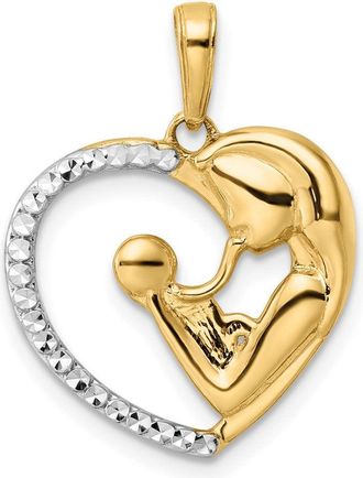 Diamond2Deal 14k Yellow Gold and White Rhodium Diamond-cut Mother and Baby Heart Pendant