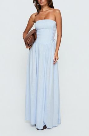 Princess Polly So Far So Good Strapless Linen Blend Maxi Dress in Baby Blue at Nordstrom, Size 12