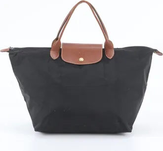 Longchamp Black Brown Leather Nylon Handbag Shoulder Bag Tote Bag (Pre-Owned)
