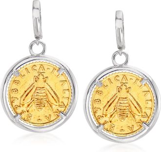 Ross-Simons Italian Replica Lira Bee Coin Drop Earrings in Sterling Silver and 18kt Gold Over Sterling