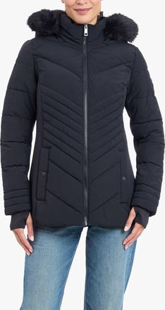 London Fog Zip-Front Puffer Jacket With Removable Faux Fur Trimmed Hood In Black