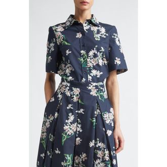 Erdem Floral Organic Cotton Poplin Button-Up Shirt in Painted Orchid Navy at Nordstrom, Size 12 Us