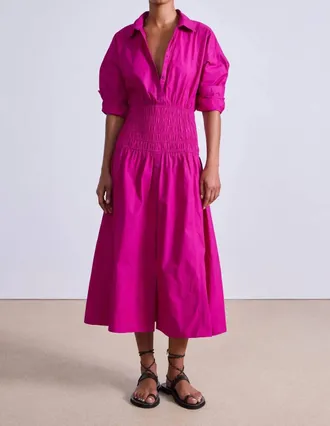 Apiece Apart Sophia Smocked Shirt Midi Dress In Fuchsia