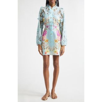 Camilla Bazaar Blooms Long Sleeve Linen & Silk Shirtdress at Nordstrom, Size Large