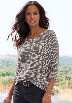 Lascana 3/4-Arm-Shirt LASCANA mit modischem Zebra-Muster, Damen, Gr. 32/34, grau (taupe), Strick, Obermaterial: 50% Viskose (LENZING ECOVERO), 46% Polyester, 