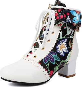 Generic Womens Retro Round Toe Faux Leather Ankle Boots Floral Embroidery Lace Up Block Heels Comfortable Anti-Slip Durable for Party Daily Outings,White,8.5 