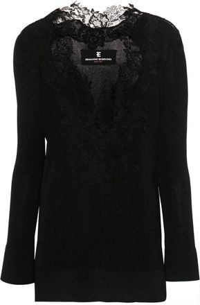 Ermanno Scervino lace-trim knitted T-shirt - women - Polyester/Viscose - 40 - Black