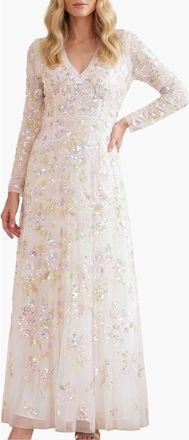 Needle & Thread Sequin Paradise V-Neck Gown in Swan White/multi at Nordstrom, Size 10