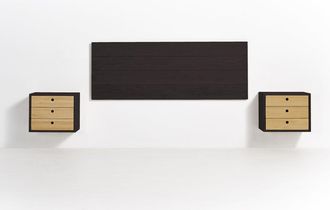 HOGAR 24 Cabecero Acabado Madera + 2 Mesitas Flotantes tres cajones Negro/Cera