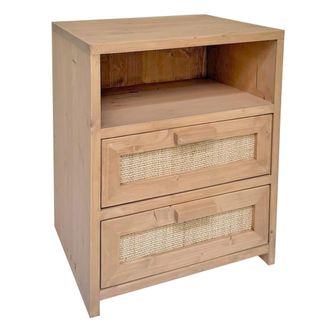 NATYAL Mesita de noche de madera y rafia natural 2 cajones tonos claros 40cm