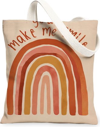 Generic Rainbow Canvas Tote Bags, Artistic Colorful Pattern Reusable Grocery Bags, Vintage Lightweight Washable Shoulder Strap Canv, Beige, 13x15 Inch