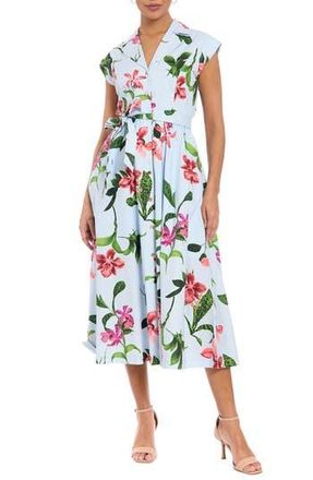 London Times Floral Belted Shirtdress in Blue/Coral at Nordstrom Rack, Size Large