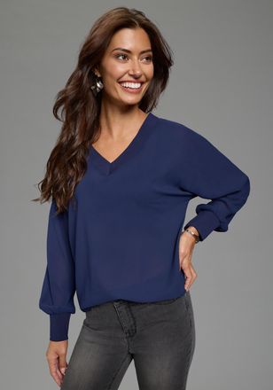 Laura Scott Chiffonbluse LAURA SCOTT, Damen, Gr. 34, dunkelblau, Web, Obermaterial: 100% Polyester, bedruckt, unifarben, h&uuml;ftbedeckend, V-Ausschnitt, angeschnitte