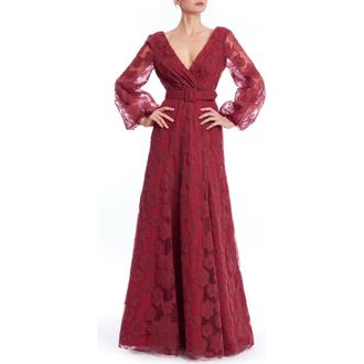 Badgley Mischka Embroidered Long Sleeve Gown in Burgundy at Nordstrom, Size 8