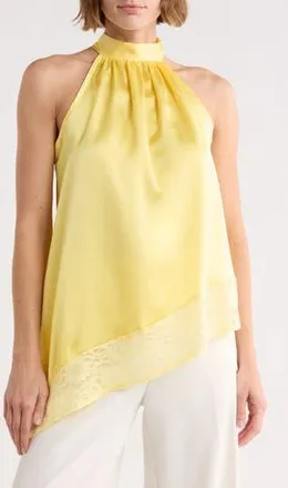 Renee C Satin Lace Asymmetrical Halter Top in Butter Yellow at Nordstrom Rack, Size X-Large