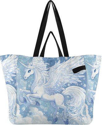 Generic Unicorn Snowflake Cloud Blue pattern Reusable Canvas Tote Bag, Heavy Duty Grocery Shopping Bag with Large Capacity Double Handles Hard Bottom Work Gro