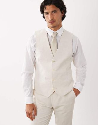 Asos Gilet da abito slim in twill di misto lino &eacute;cru-Bianco