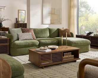Castlery Ollie Storage Chaise Sectional Sofa Right Facing with Removable Covers and Gaslift Storage for Green