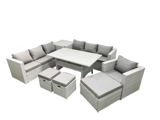 Fimous 8 Pieces Outdoor Rattan Sofa Set with Cushions Patio Garden Furniture Sets with Armchair Dining Table Side Table 3 Footstools in Light Grey