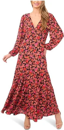 CeCe by Cynthia Steffe V-Neck Balloon Sleeve Printed Maxi Dress Womens Dress Rich Black : SM, Polyester