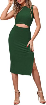 Pink Queen Womens Round Neck Sleeveless Slit Knee-Length Bodycon Midi Dress Cut Out, Green, M