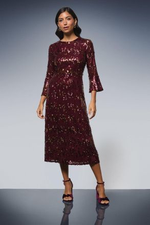 Wallis Womens Sequin Flared Sleeve Midi Dress - Berry - Size 18 UK