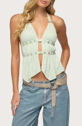 Edikted Izora Button Embellished Plunge Halter Neck Top in Green at Nordstrom, Size X-Large