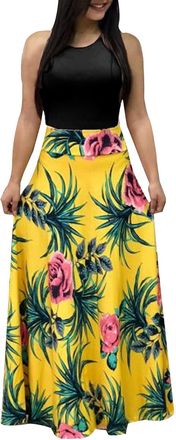Generic Summer Dresses for Women Maxi Boho Dresses Vintage Floral Print Cocktail Dress Short Sleeve Casual Sunflower Print Bohemian Long O Neck High Waist A-L