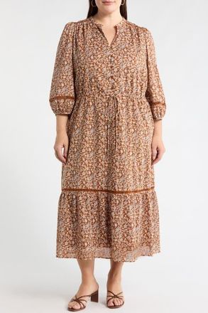 Sugarlips Ramsey Ditsy Harmy Drawstring Waist Midi Dress in Brown-Mult at Nordstrom, Size 1X