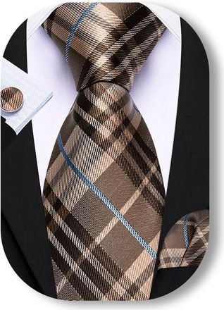 Barry.Wang Men Brown Plaid Ties Silk Checkered Necktie Set Handkerchief Cufflinks Wedding Business