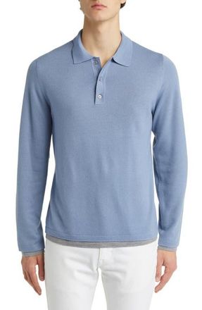 Vince Double Layer Long Sleeve Merino Wool Polo Sweater in Pacific Blue/Heather Grey at Nordstrom, Size X-Large