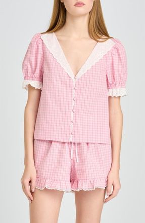 Wayf Emma Eyelet Trim Plaid Button-Up Top in Pink at Nordstrom, Size X-Small