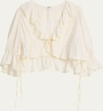 Chlo&eacute; Tie Ruffle Silk Crop Top