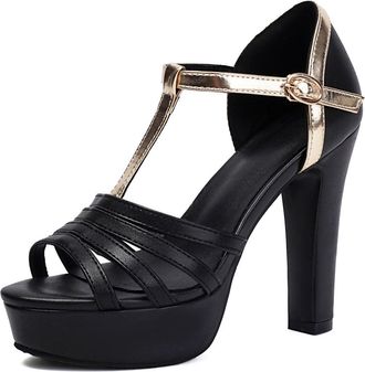 Generic Womens Strappy High Heeled Platform Sandals T-Strap Wedding Dress Shoes with Buckle Peep Toe PU Leather Bridal Shoes,Black,2.5 UK