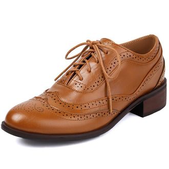 Generic Qynthra Womens Classic Oxford Wingtip Flats PU Leather Round Toe Tri-Color Design Perforated Brogue Shallow Lace-Up Shoes Vintage British Style Comfor