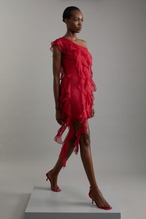 Karen Millen Womens Premium Viscose Georgette Panelled Ruffle Detail Woven Midi Dress - Dark Red - Size 6 UK