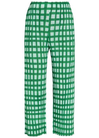 Pleats Please Issey Miyake Gingham Pleated Straight-leg Woven Cropped Trousers - Green - 5