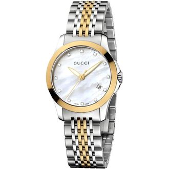 Gucci Womens G-Timeless Ladies Watch with Mother of Pearl Dial - Model YA126513 - Silver & Gold Stainless Steel - One Size